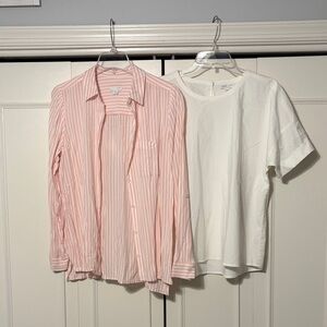 Pink Striped long sleeve and White smock top Shirt Set